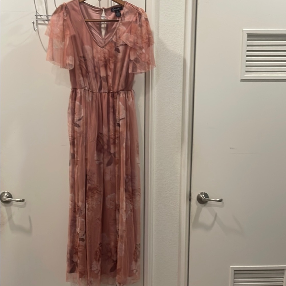 Pink Flutter Sleeve Maxi Dress V-Neck Wedding Guest
